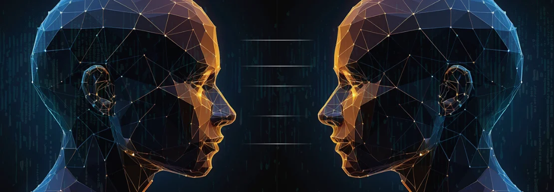 Dark, blue and orange accented digital heads facing each other, with communication lines going back and forth between them