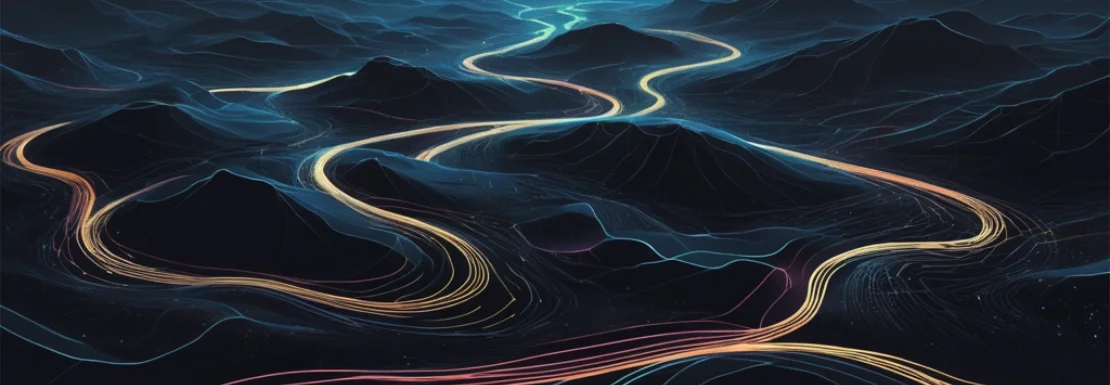 Dark, blue-accented digital hills and valleys with glowing orange paths winding through them