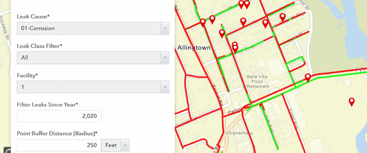 Leak Cause filter used in ArcGIS Web AppBuilder for corrosive pipes