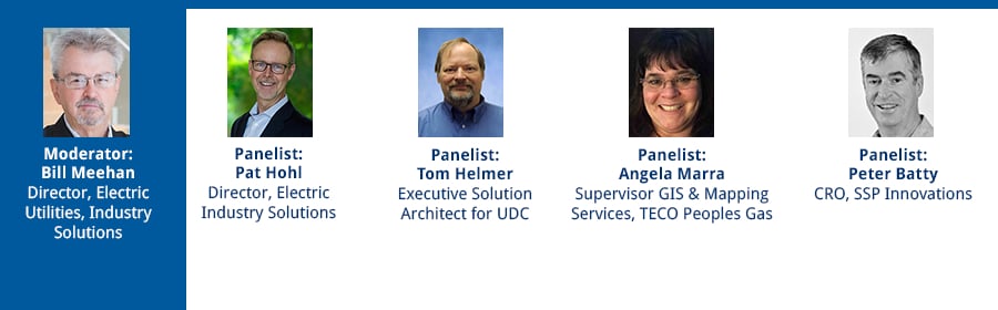 Moderator: Bill Meehan, Director Electric Utilities Industry Solutions, ESRI | Panelists: Pat Hohl, Director Electric Industry Solutions, ESRI | Tom Helmer, Executive Solution Architect, UDC | Angela Marra, Supervisor GIS & Mapping Services, TECO Peoples Gas | Peter Batty, CRO, SSP Innovations