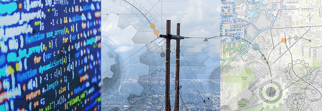 three panes with coding, power lines, and GIS map