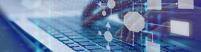 Flowchart superimposed on image of hands typing on laptop keyboard
