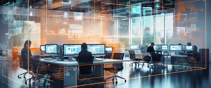High tech office interior with information technology overlay