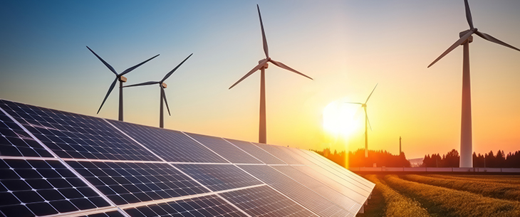 wind turbines and solar cell panel on at sunset