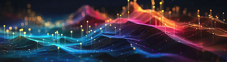 Abstract image of vertical lines and points superimposed on colorful digital waves