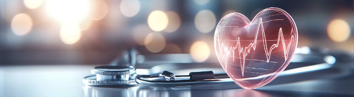 Digital illustration of a heart with heartbeat graph, in front of a stethoscope