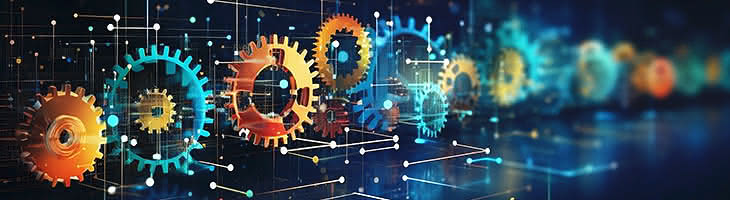 Digital illustration of interconnected gears, overlaid with lines and points
